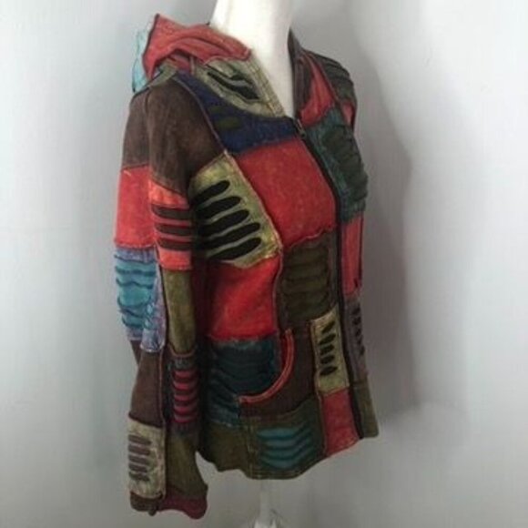Rising International Womens Razor Cut Patchwork Hooded Jacket Sz M Zipper Boho - Picture 5 of 14